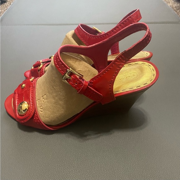 EUC Coach Women's Bezle Button Ankle
Strap Wedge Sandals - Picture 2 of 4